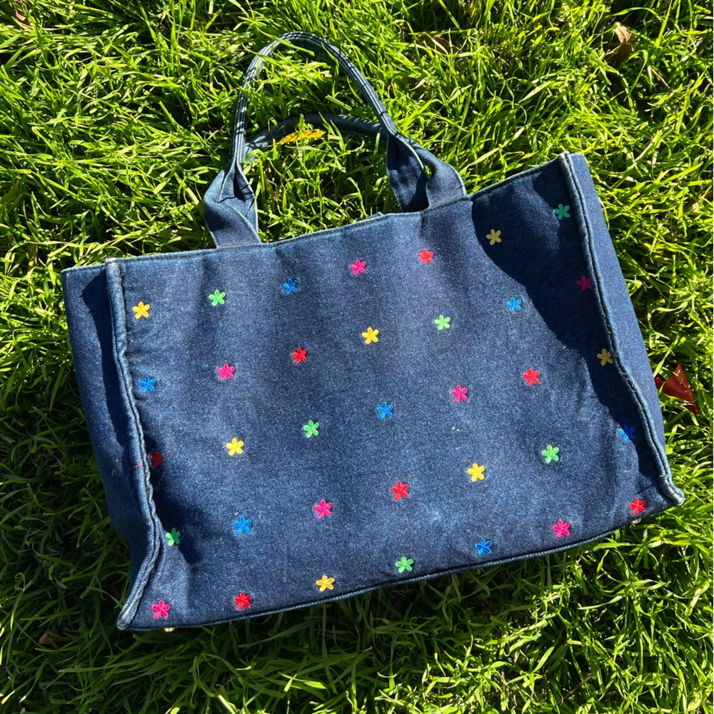 Multi-Colored Embroidered Flower Medium Denim Tot… - image 4